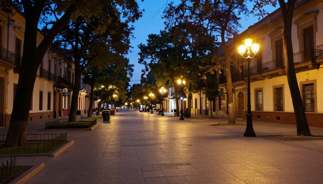 Calle de Buenos Aires al atardecer con luces cálidas encendidas
