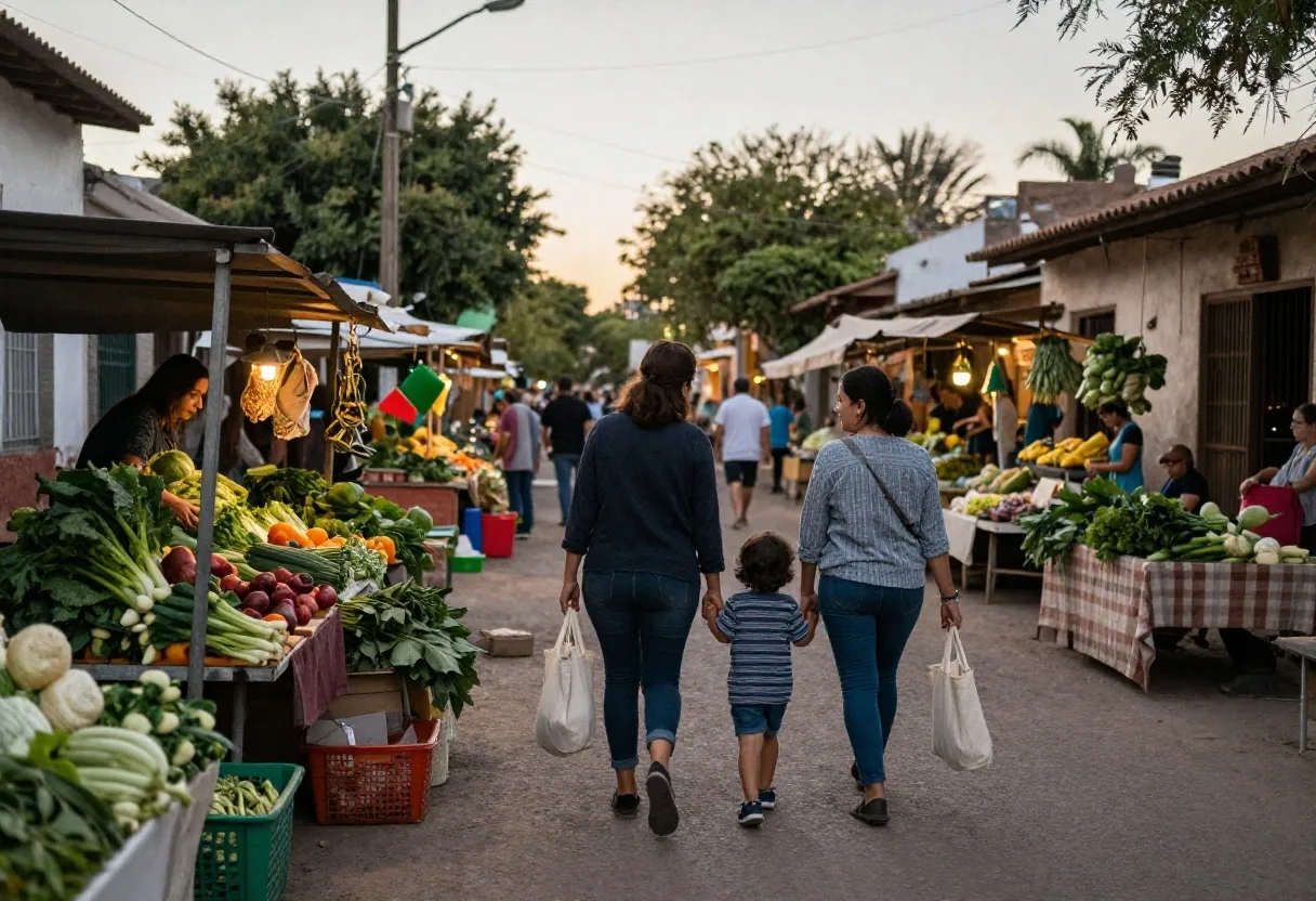 Madre e hijo comparando precios en la feria del barrio