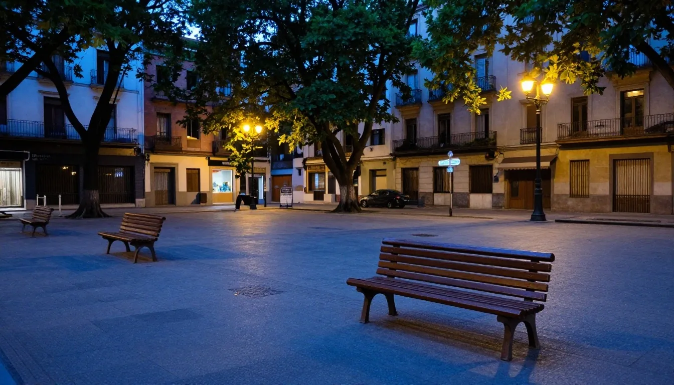 Calle de Buenos Aires al atardecer con luces cálidas encendidas