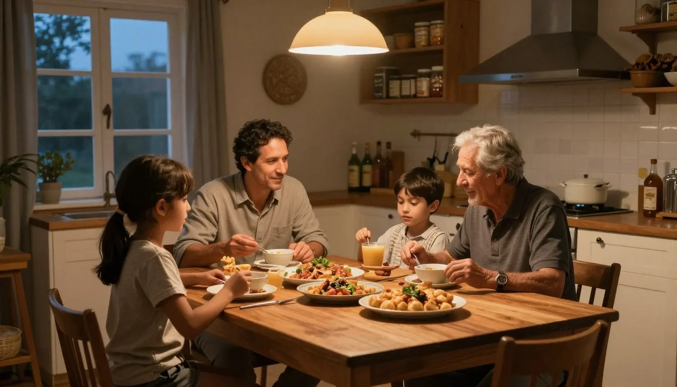 Cocina familiar de noche con presupuesto anotado a mano