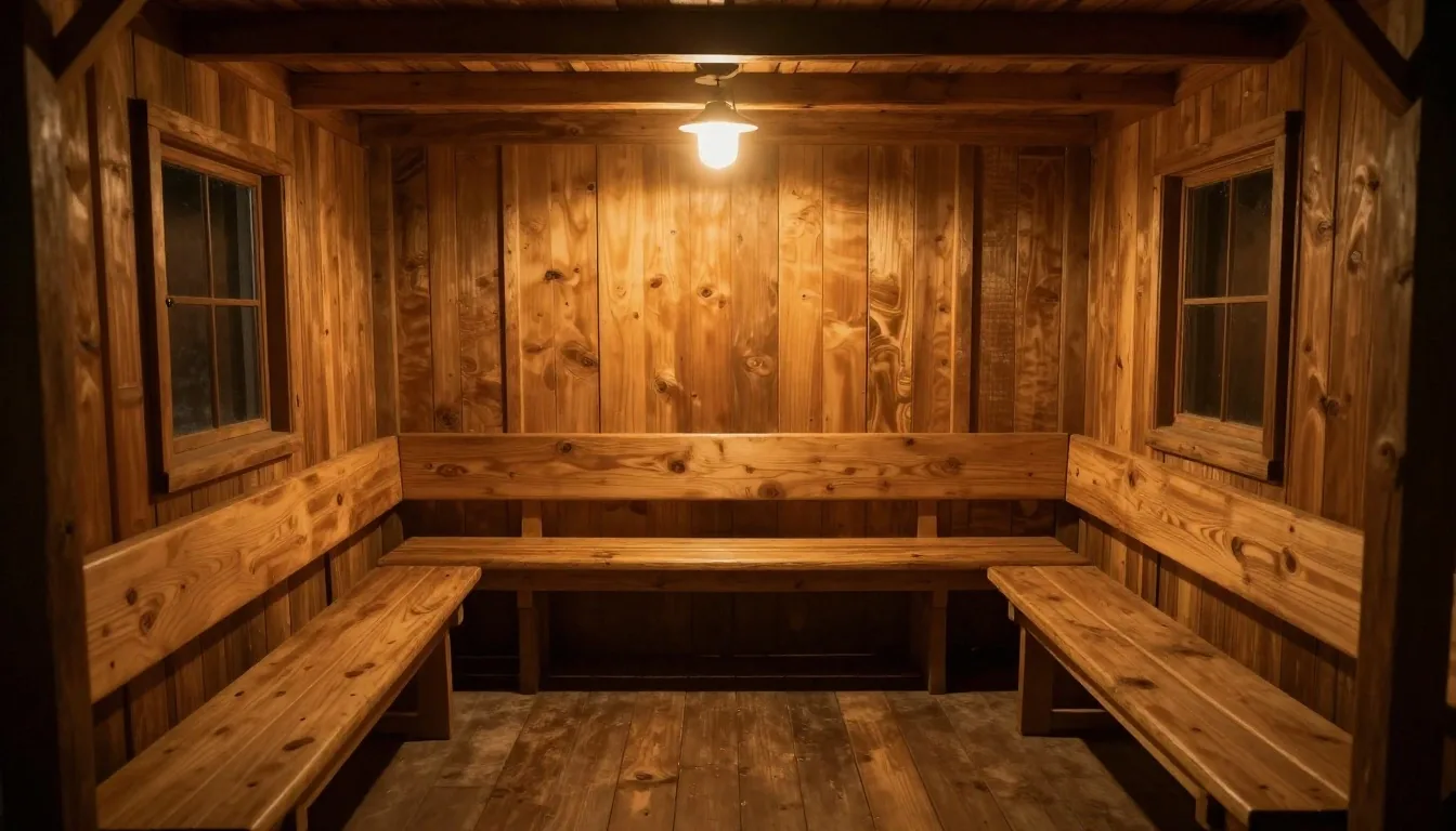 Interior de refugio de madera con lámpara cálida