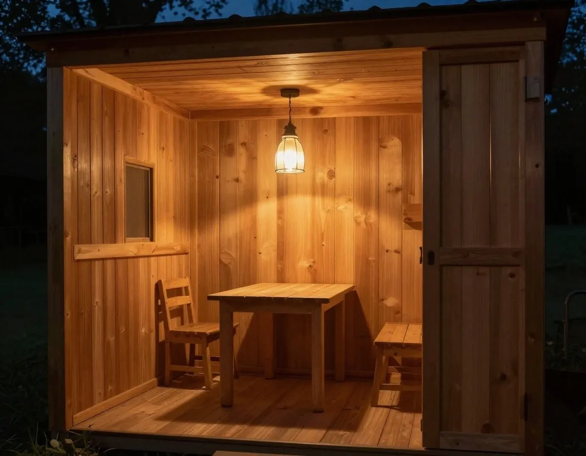 Interior de refugio de madera con luz cálida y mesa de lectura
