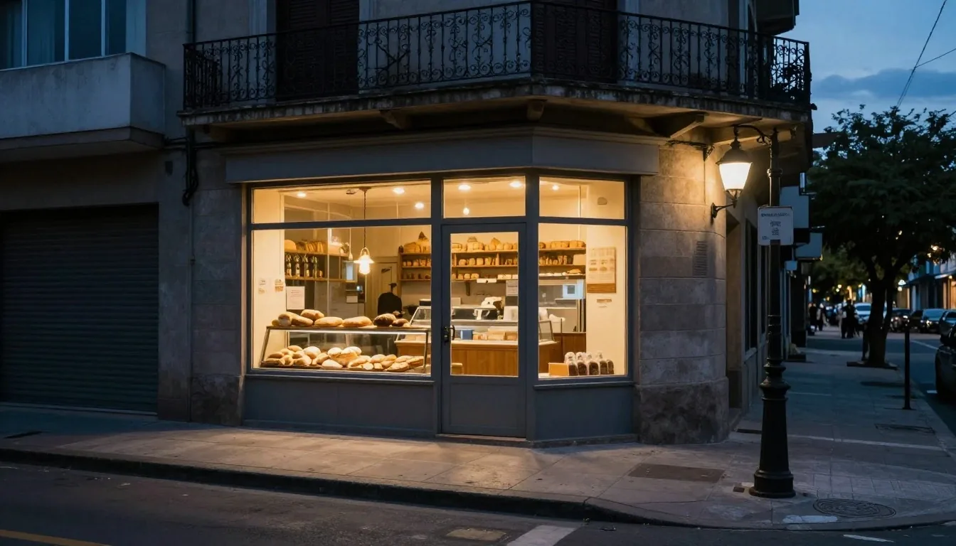 Calle de Buenos Aires al atardecer con comercios iluminados