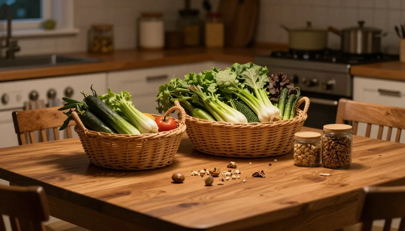 Cocina de madera a la noche con luz cálida y cuaderno de compras