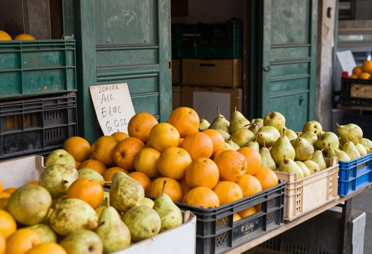 Puesto de verdulería con frutas de estación a la tarde