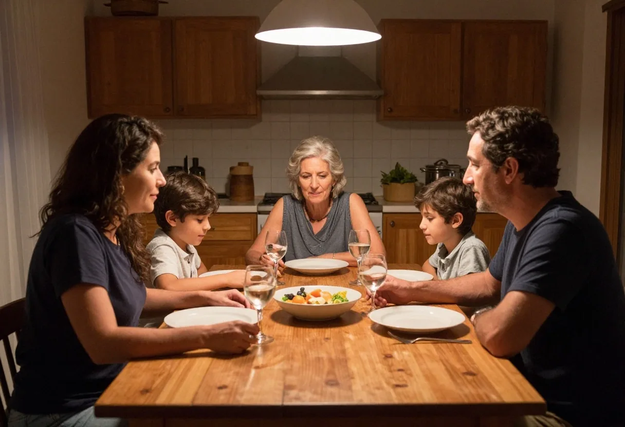 Hogar argentino compartiendo la mesa en luz cálida