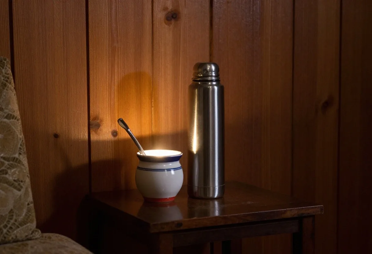 Interior de refugio de madera con guías y luz de lámpara