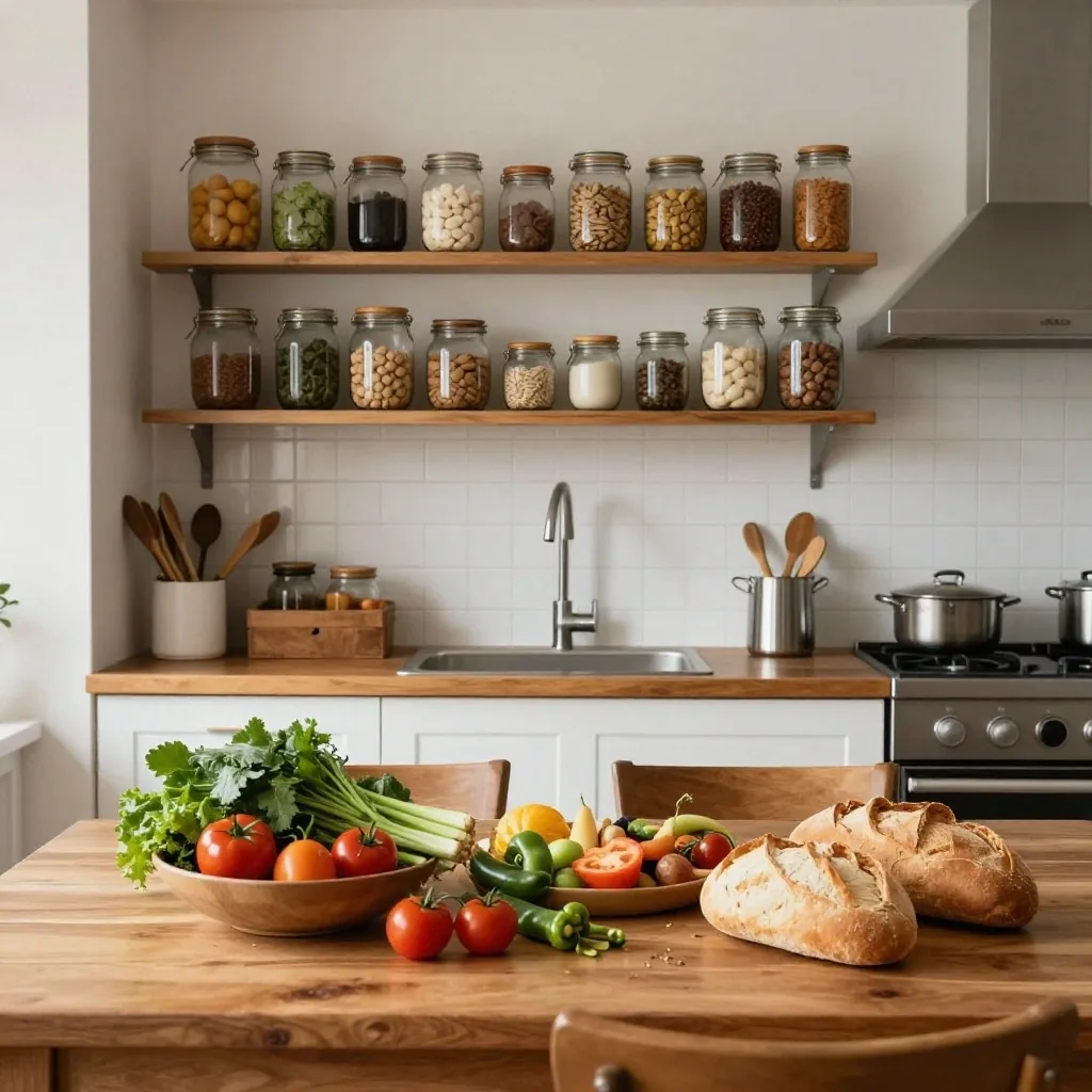 Mesa de cocina con cuaderno de presupuesto familiar y compras del mercado