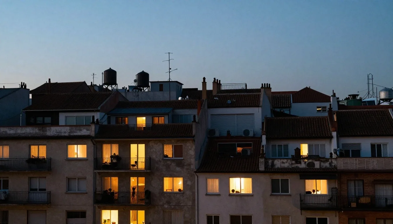 Ventanas cálidas encendidas al atardecer en Buenos Aires