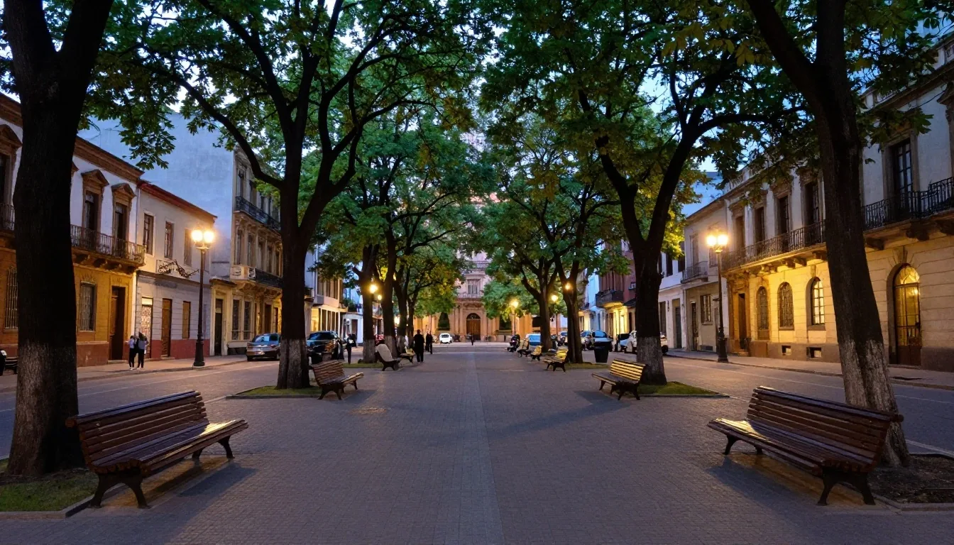 Calle de Buenos Aires al atardecer con luces cálidas encendidas