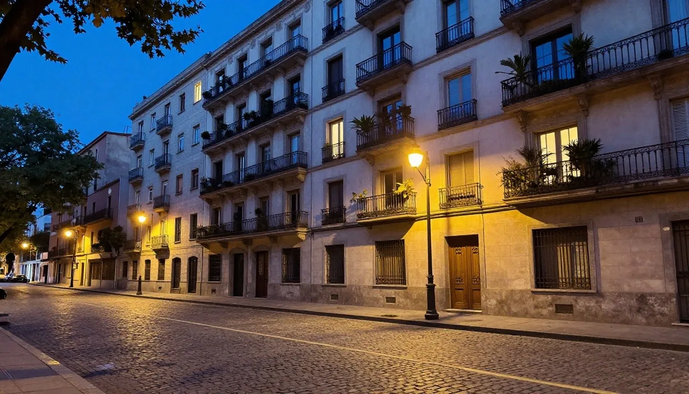 Calle de Buenos Aires al atardecer con luces cálidas encendidas