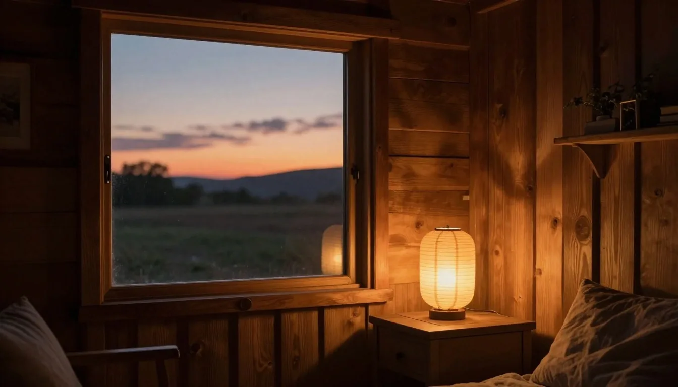 Interior de refugio de madera con lámpara cálida y ventana al atardecer