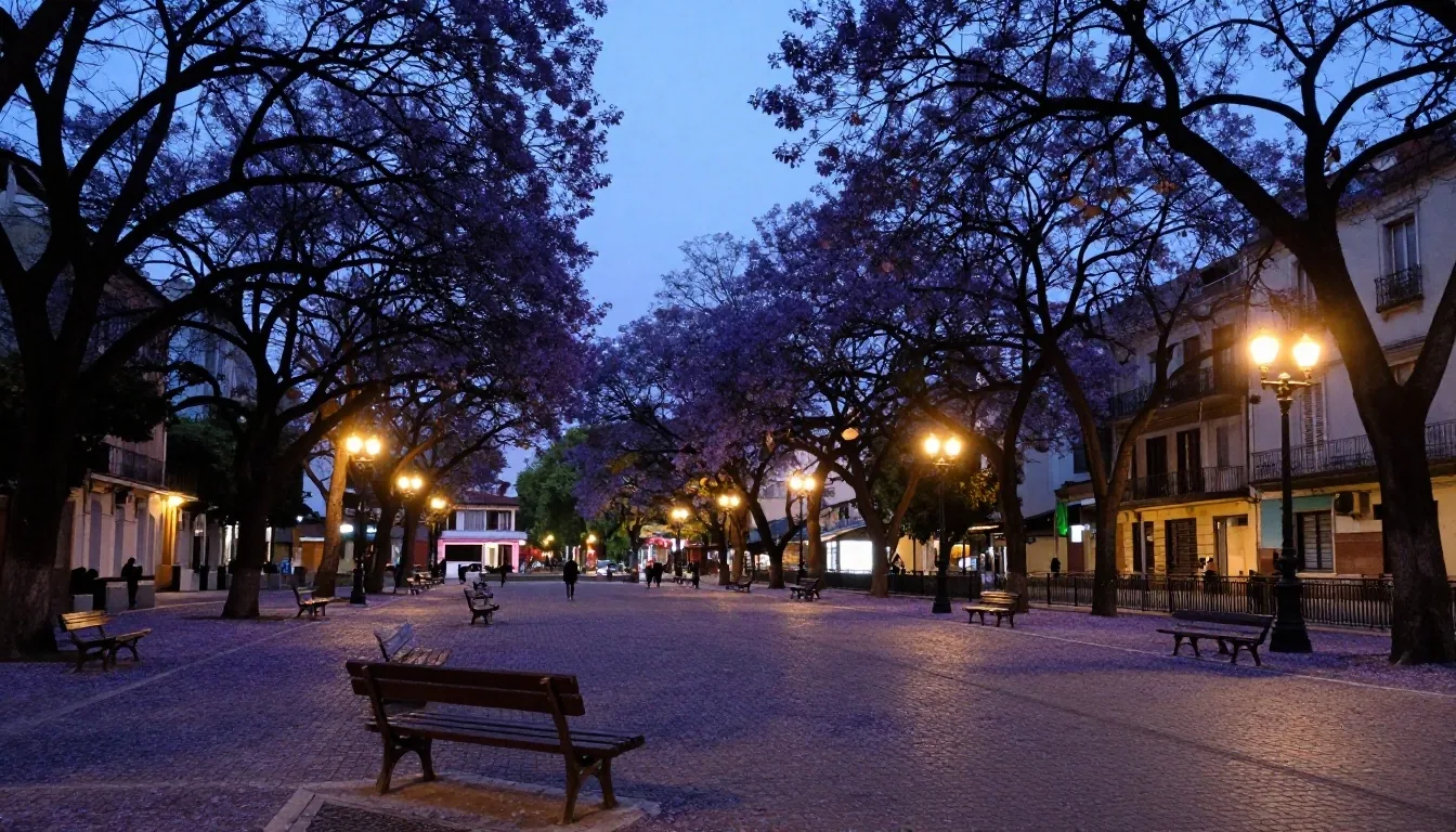 Calle de Buenos Aires al atardecer con luces cálidas encendidas