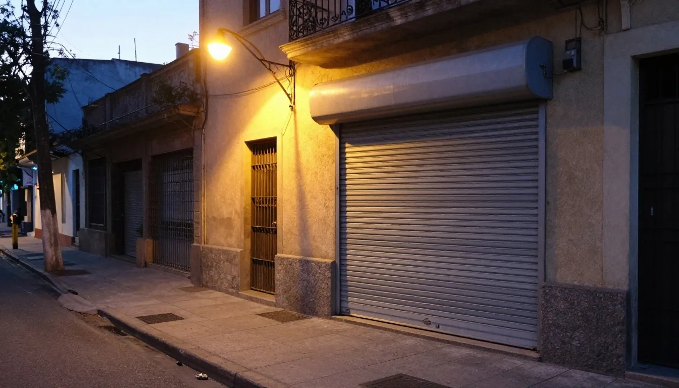 Calle de Buenos Aires al atardecer con comercios iluminados