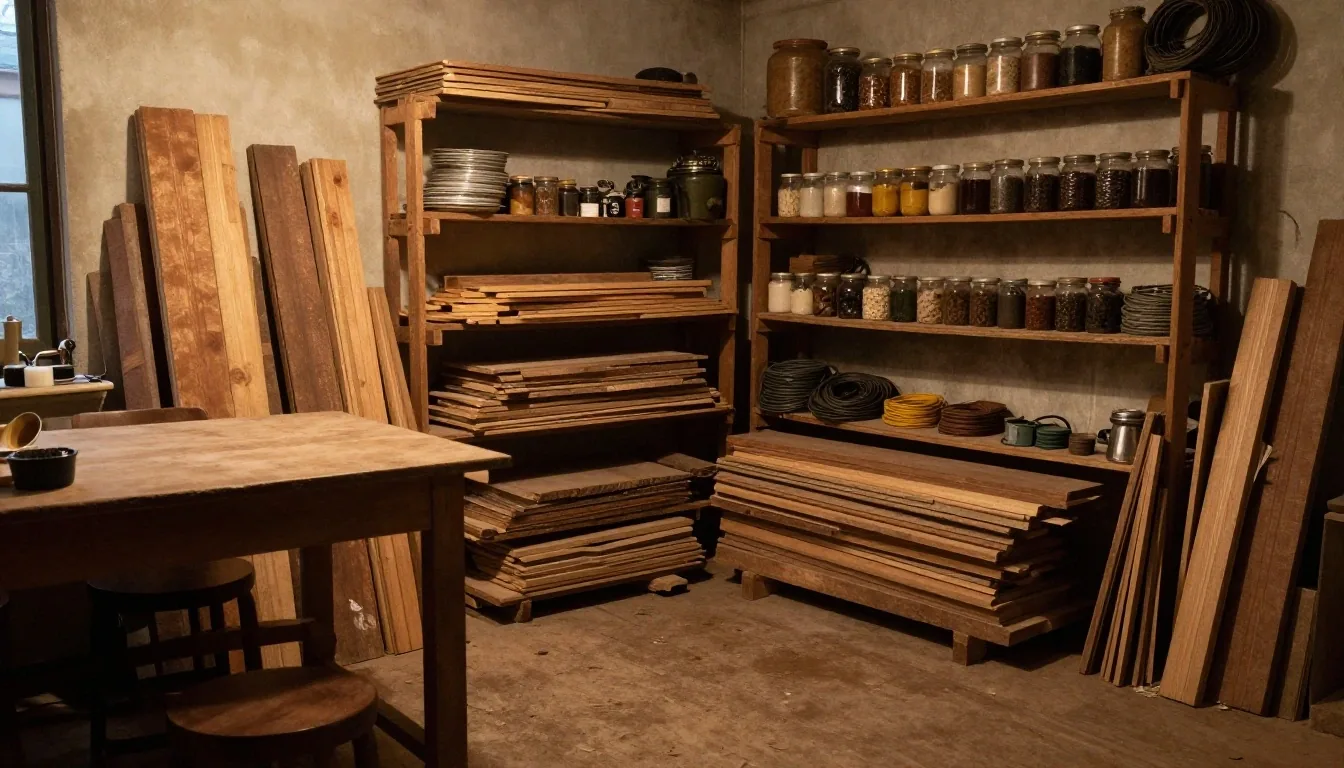 Taller pequeño de madera con lámpara cálida y herramientas ordenadas